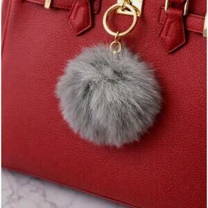 Gray Soft Faux Fur Pom Pom Keychain Fluffy Puff Key Ring Bag Charm Accessory